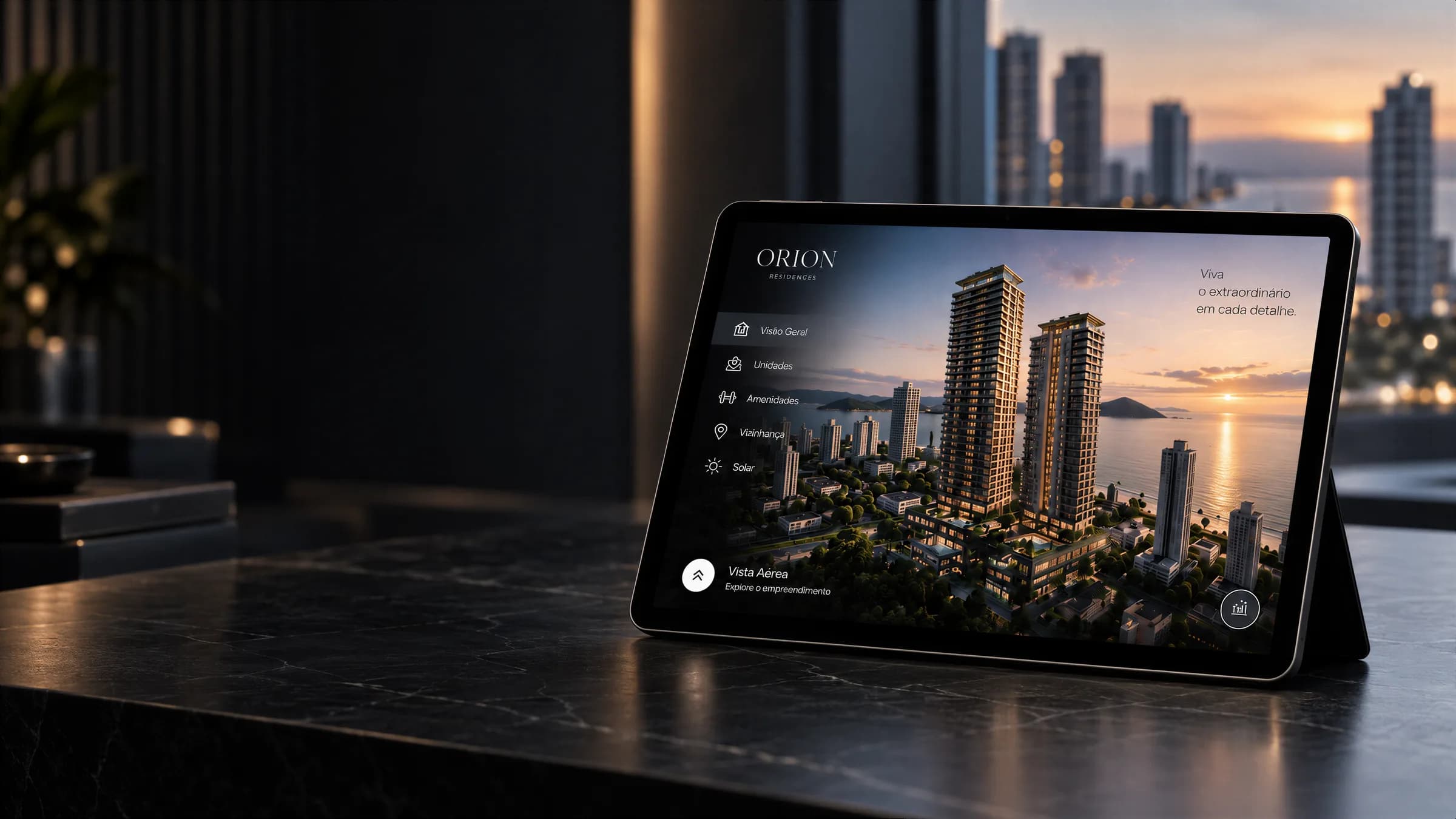 Um tablet sobre uma bancada escura, com o ViewUrb aberto na visão geral de um empreendimento
